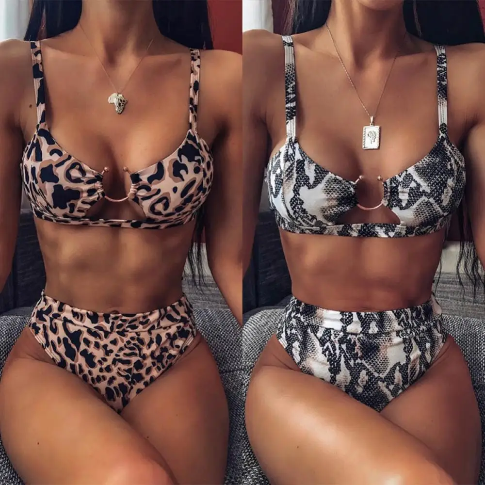 

Women Sexy Leopard Snake Print Swimsuit Padded Bra Low Rise Briefs Bikini Set