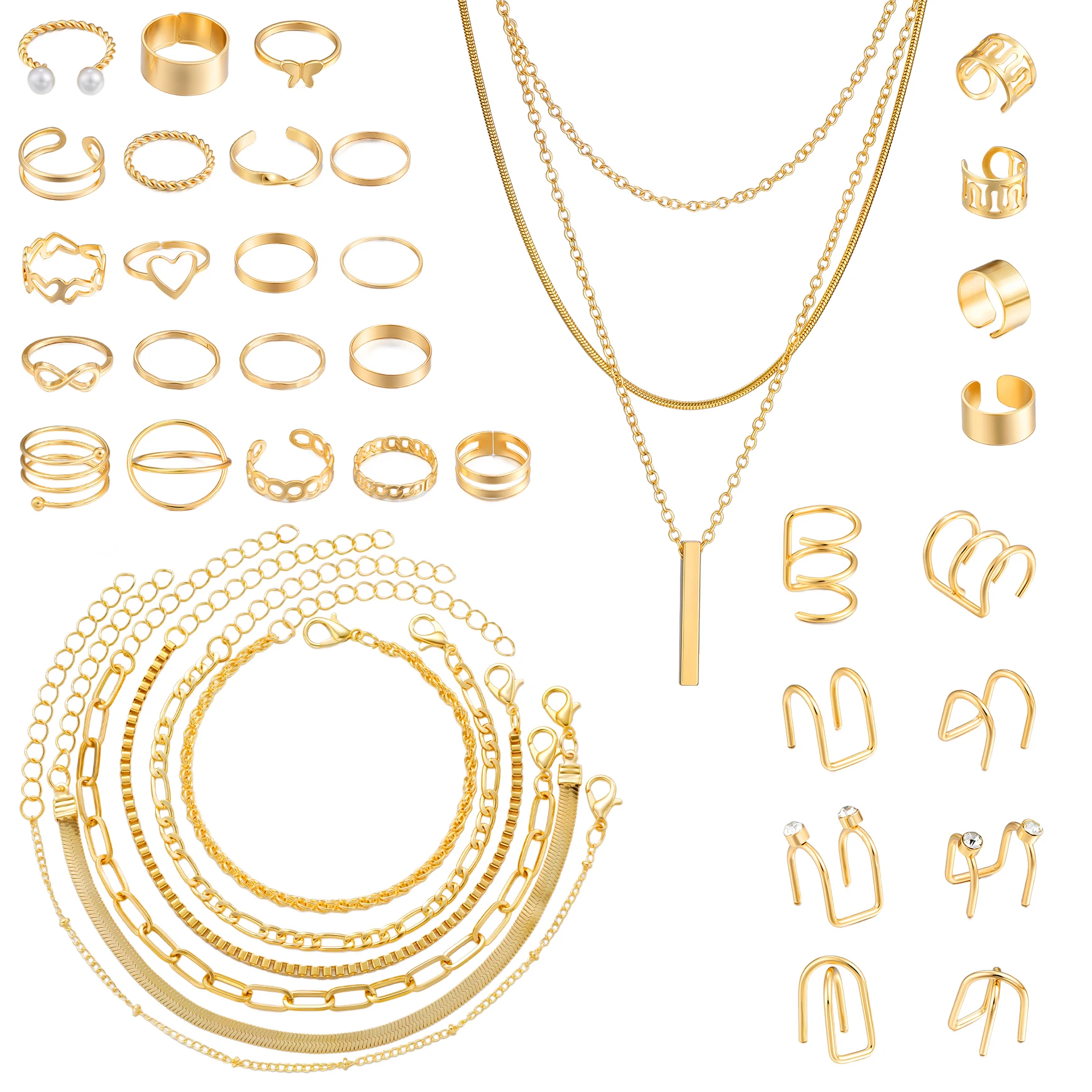 Boho Gold Color Simple Zircon Earring Clip Ring Bracelet Necklace Fashion Jewelry Set For Women Elegant Daily Wear Dating Gifts