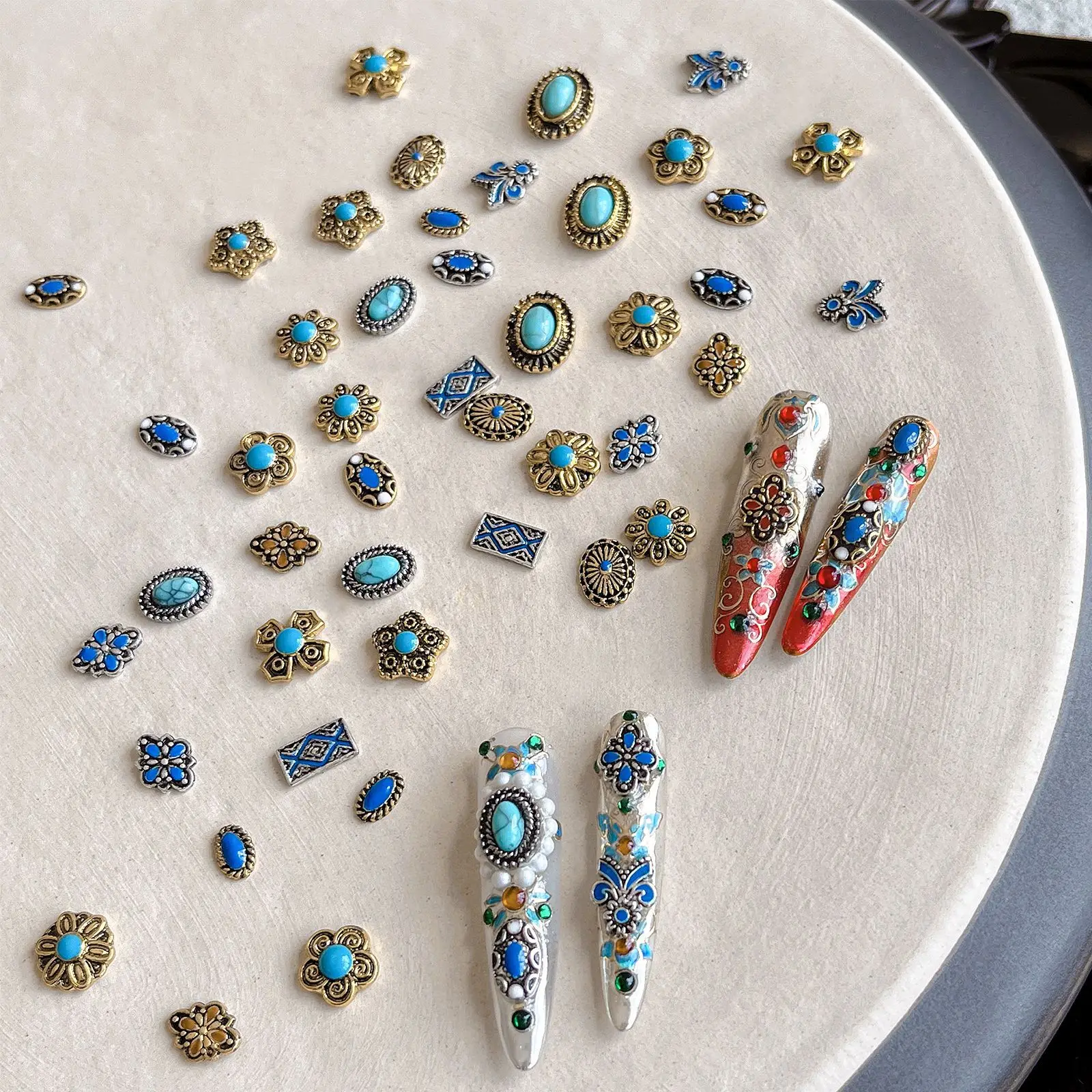 

Ретро бирюзовые китайские украшения, цветы, аксессуары для дизайна ногтей, древний кристалл, цветок, жемчуг, циркон, нефрит, этнические украшения, маникюр