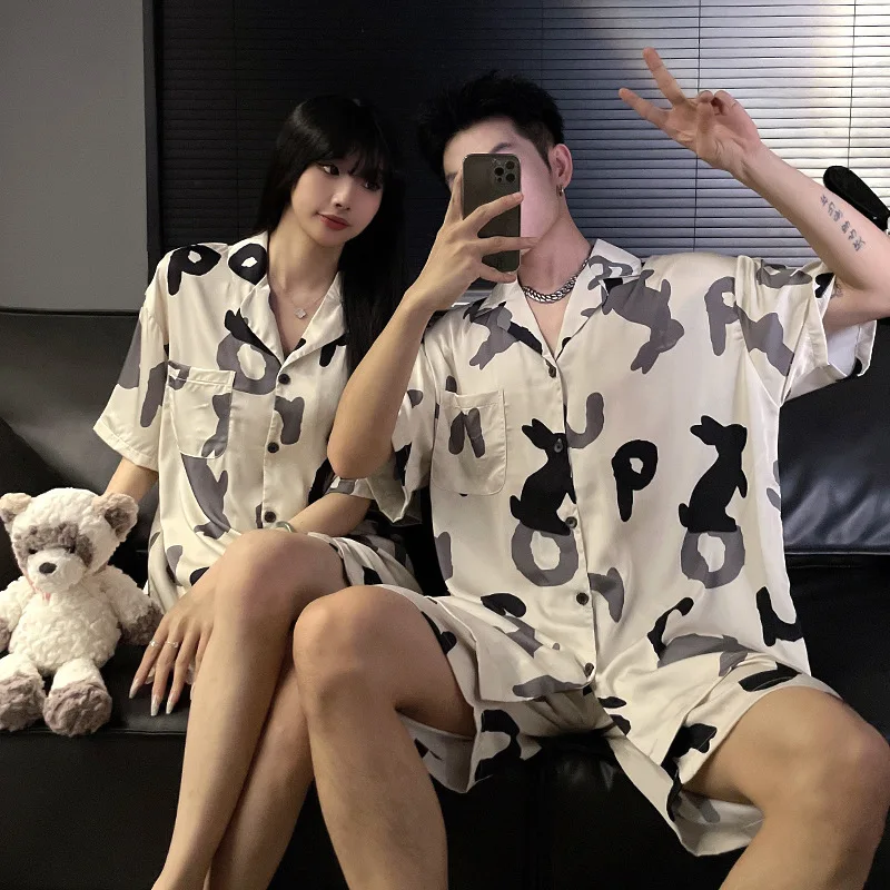 Women Ice Silk Pajamas Set Cartoon Bear Sleepwear Loungewear Button-Down Pajama Men Pijama Homewear Shorts Set for Couples