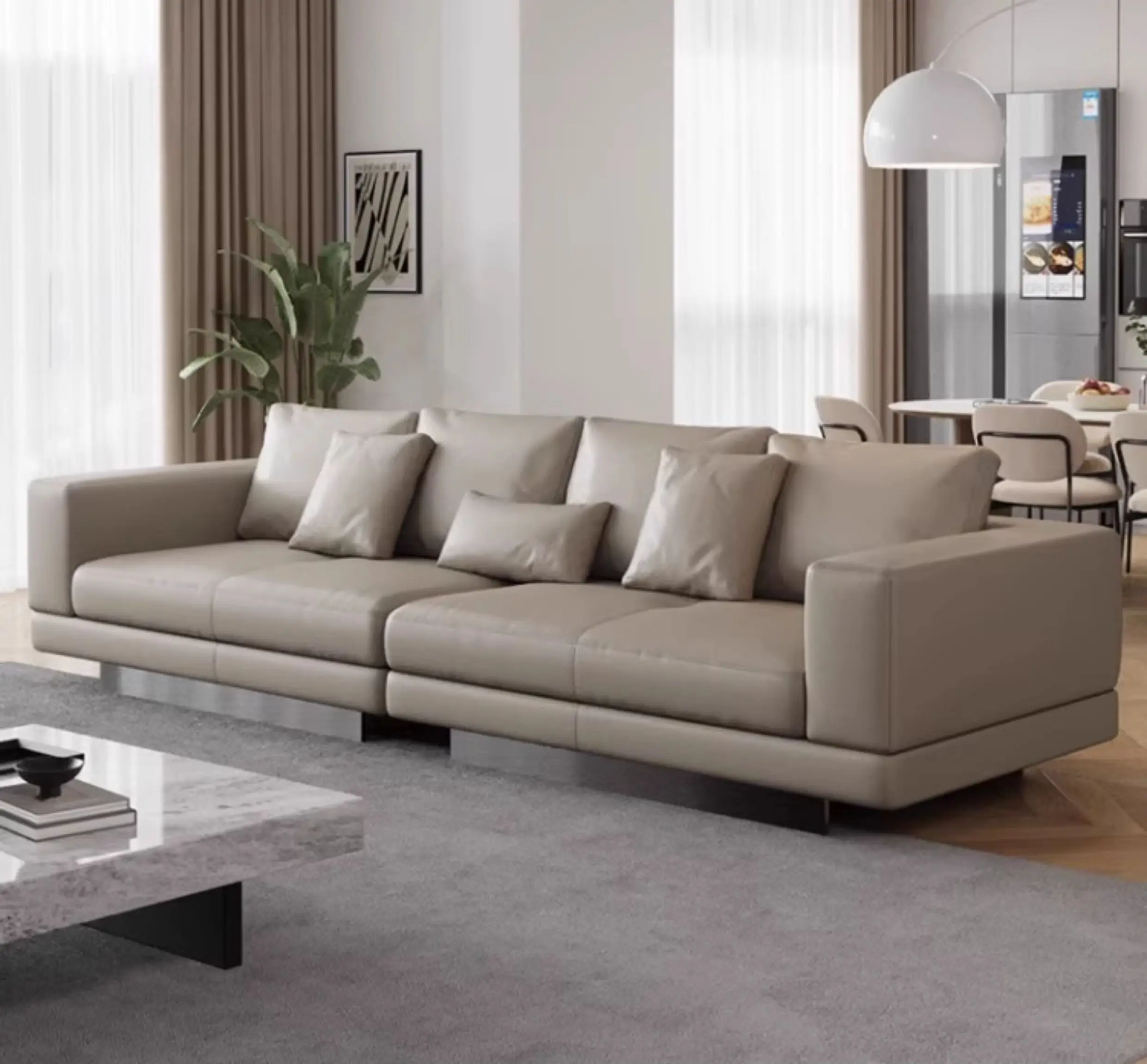 LTT leather sofa large flat-floor villa living room furniture one-word straight row sofa