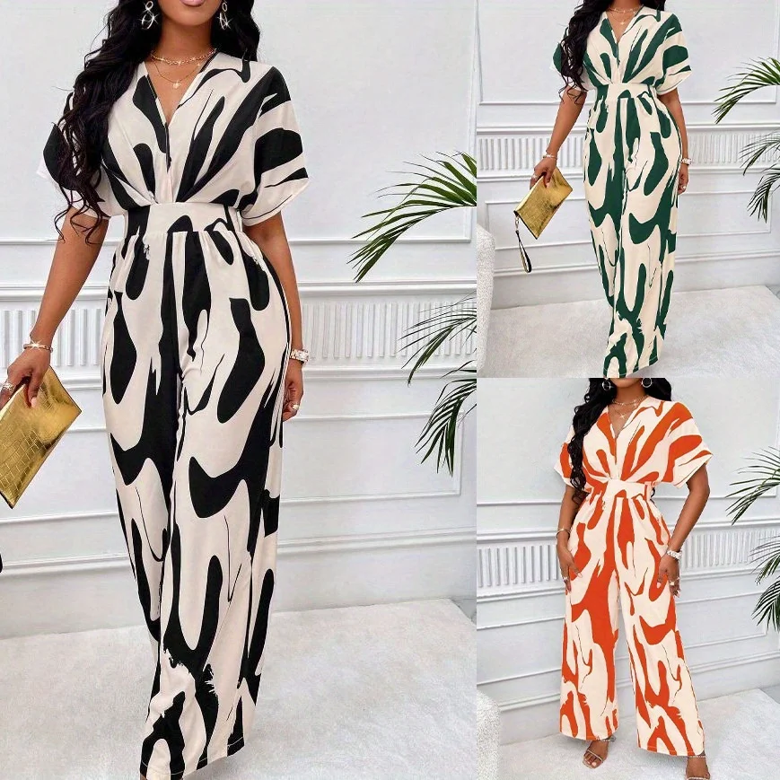 

Spring and Summer Women's Full Body Printed Bat Sleeve Wide Leg Jumpsuit Costume Accessory Sets