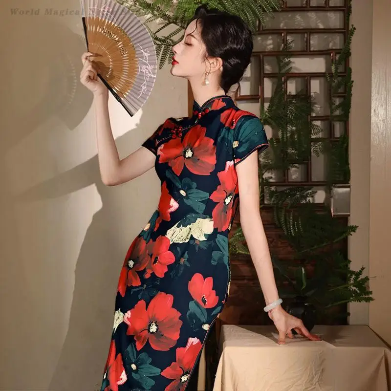 New Chinese Modified Qipao Dress Spring Summer Short Sleeve Elegant Waist Cinched Gorgeous Oriental Slim Long Dress for Women