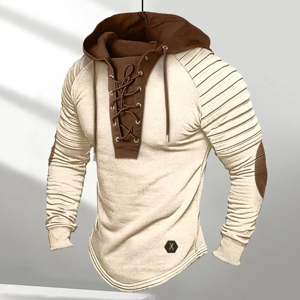 Men Spring Hoodie Pleated Shoulder Colorblock Drawstring Hooded Top Long Sleeve Pullover Lace-up Retro Daily Sport Hoodie