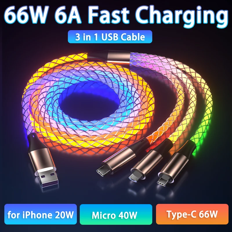 3 in 1 RGB 66W 6A cavo di ricarica rapida di tipo C Micro USB Colorful Streamer linea incandescente per iPhone Huawei Xiaomi caricabatterie cavo USB