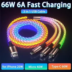 3 in 1 RGB 66W 6A cavo di ricarica rapida di tipo C Micro USB Colorful Streamer linea incandescente per iPhone Huawei Xiaomi caricabatterie cavo USB