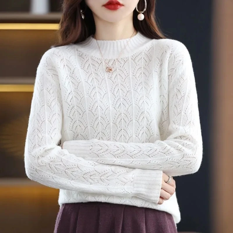 2024 New Fashion 100% Merino Wool Sweater Cashmere Pullover Turtleneck Long Sleeve Women Knitwear Autumn Winter Clothing Tops