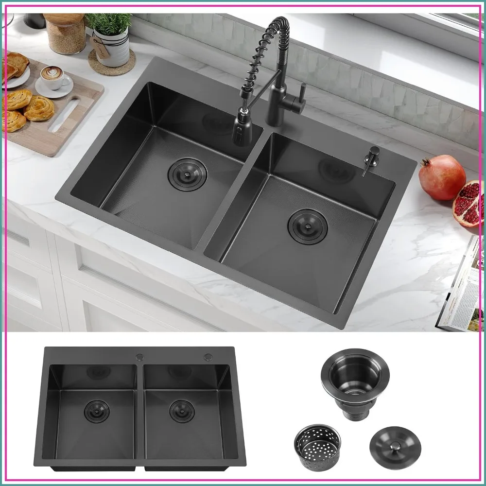 33 Inch Black Drop In Double Bowl Kitchen Sink
