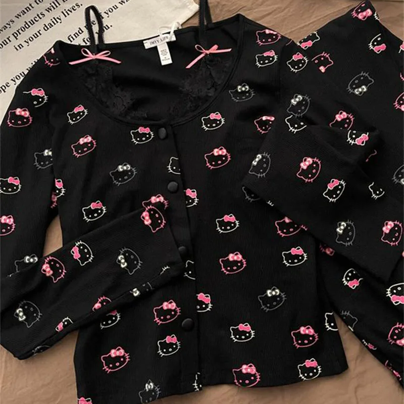 Pigiama Kawaii Sanrios Hello Kittys con imbottitura sul petto Primavera Autunno Pigiama sexy a maniche lunghe in pizzo Indumenti da notte carini Panno per la casa delle donne