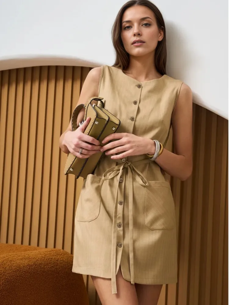 

Commuting Pocket Elegant Mini Dress Women 2025 Summer Fashion O Neck Lace-up Vestidos Simple Style Button Solid Color Dresses