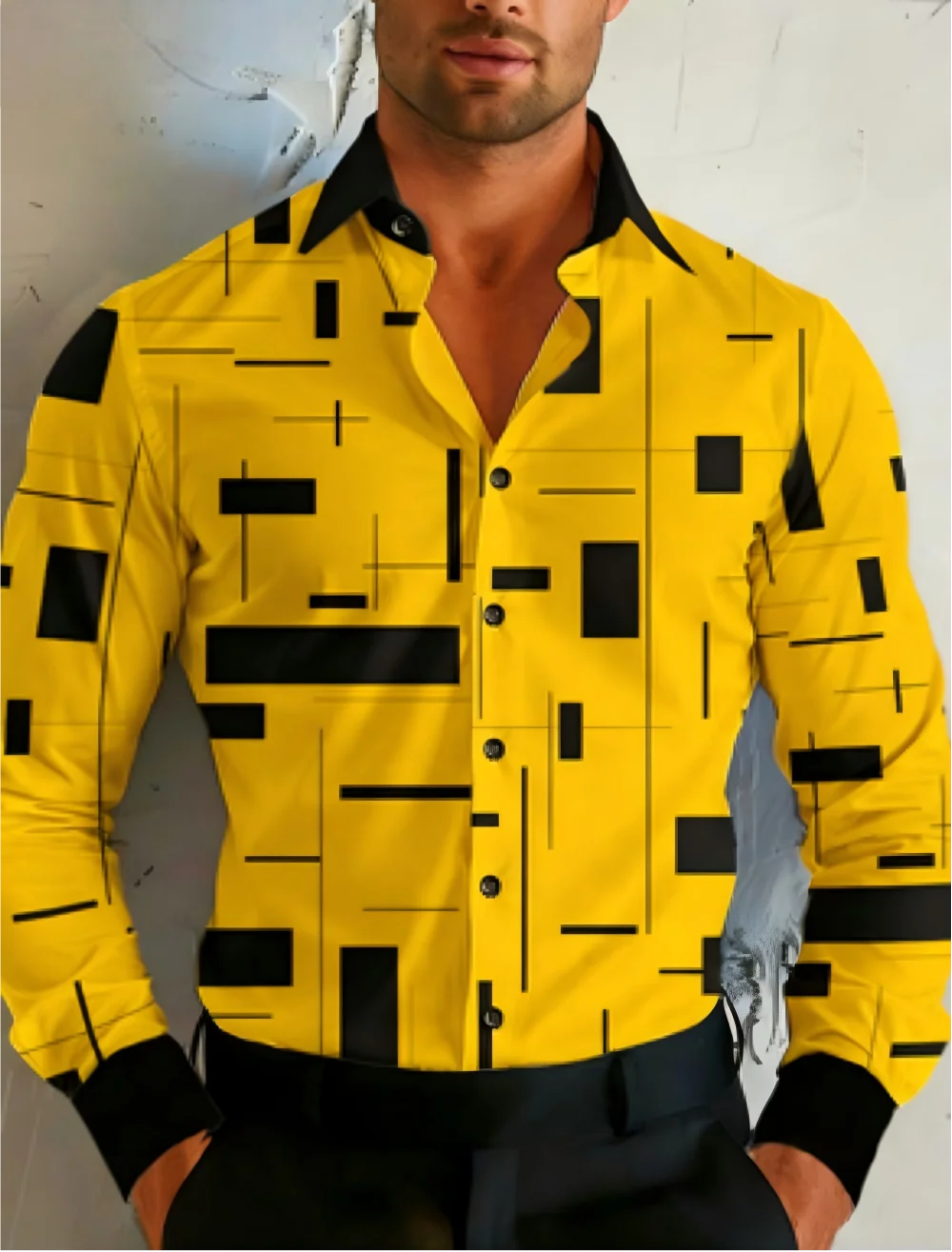 2026 men's high-definition geometric pattern long sleeved shirt, casual, comfortable, soft, with multiple colors and sizes avail