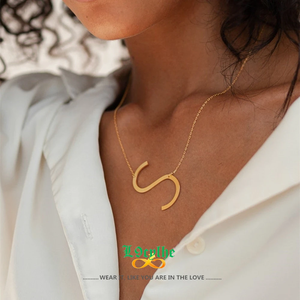 Sideways Initial Necklace Oversized Letter A C E I J K L M N O P Q R S T U V W X Y Z Stainless Steel Necklaces Monogram Jewelry