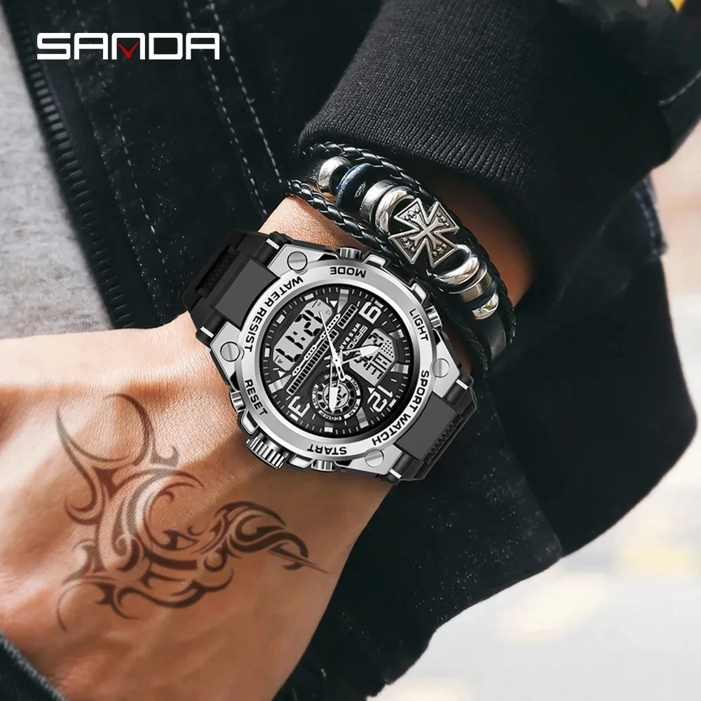 SANDA 6024 Fashion Wristwatches Mens Top Brand Waterproof Double Display Digital Watch Men Sport LED Date Clock Silicone Strap