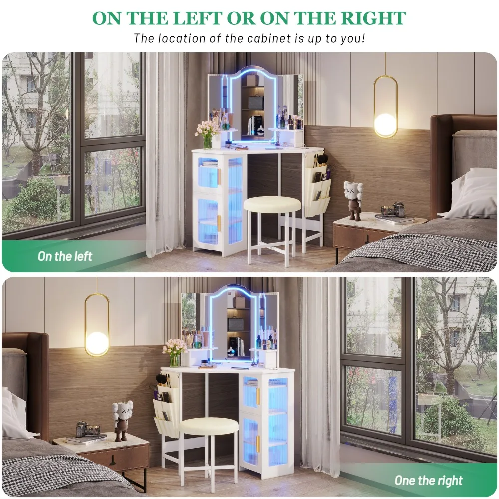 Bureau de vanité d'angle de lumières LED avec le bureau de vanité d'angle d'armoire de rangement