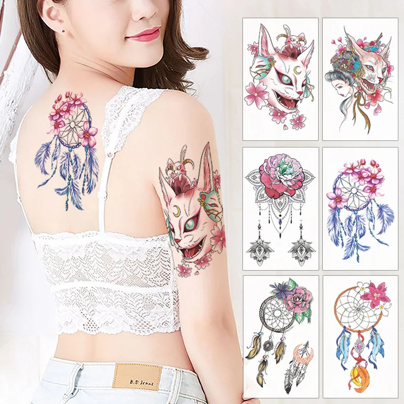 

Sexy Tiger Wolf Temporary Waterproof Tattoo Sticker Girl Bird Dreamcatcher Cross Body Arm Sleeve Chest Fake Totem Women Tattoos