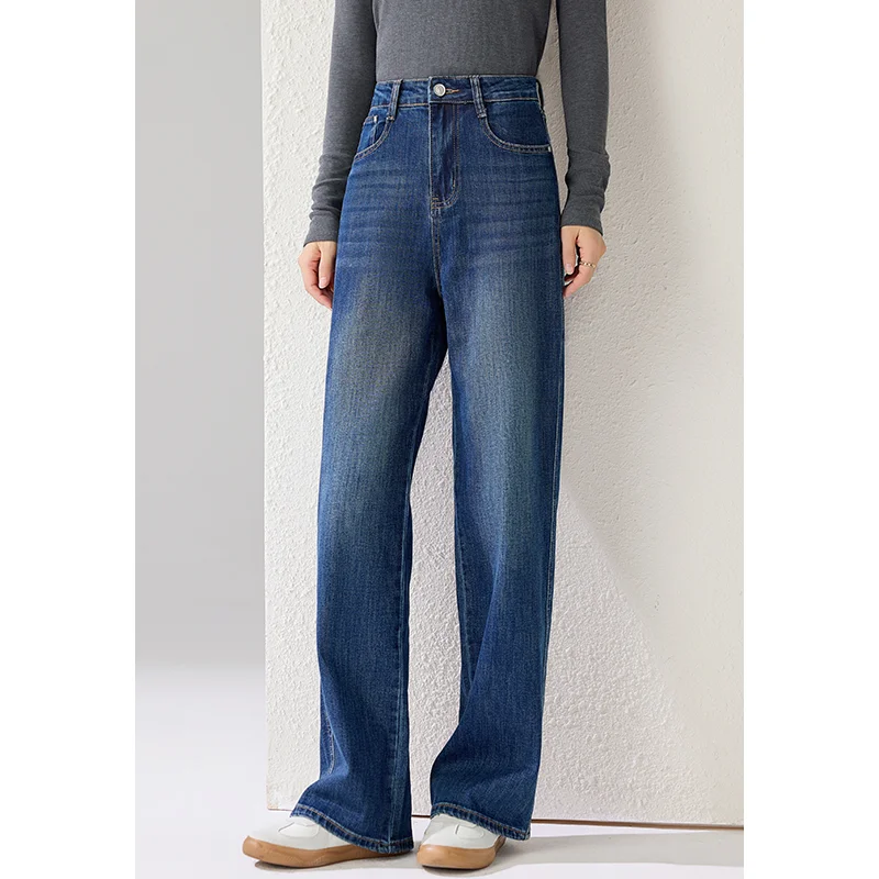 Women's High Waist Wide Leg Jeans Classic Blue Washed Denim Loose Straight Baggy Long Denim Pants
