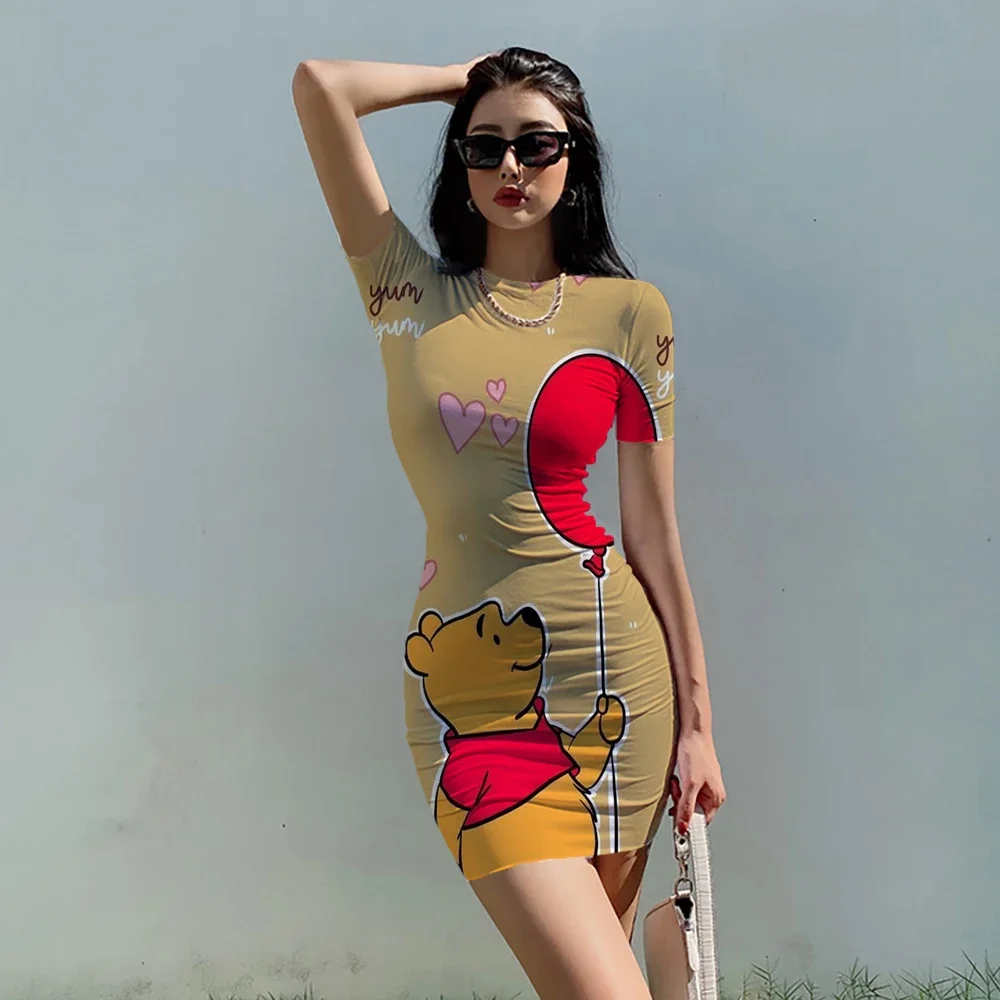 Disney Winnie the Pooh Women Summer Sexy Dress Cartoon 3d Print  Club Party Fashion Dresses Bodycon Short Sleeve Dress Slim