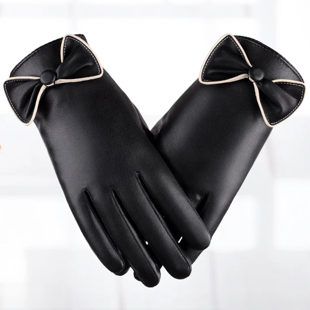 1Pair Winter Touch Screen Gloves Women PU Warm Windproof Bow-Knot Cuff Free Size Black Winter Gloves