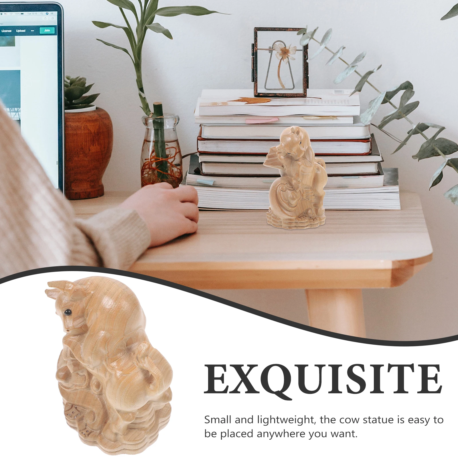 

Desktop Carved Wooden Decorative Animal Ornament For Home Sculpture Desktop Statues Cow Statue Mini Wood Cow Wood