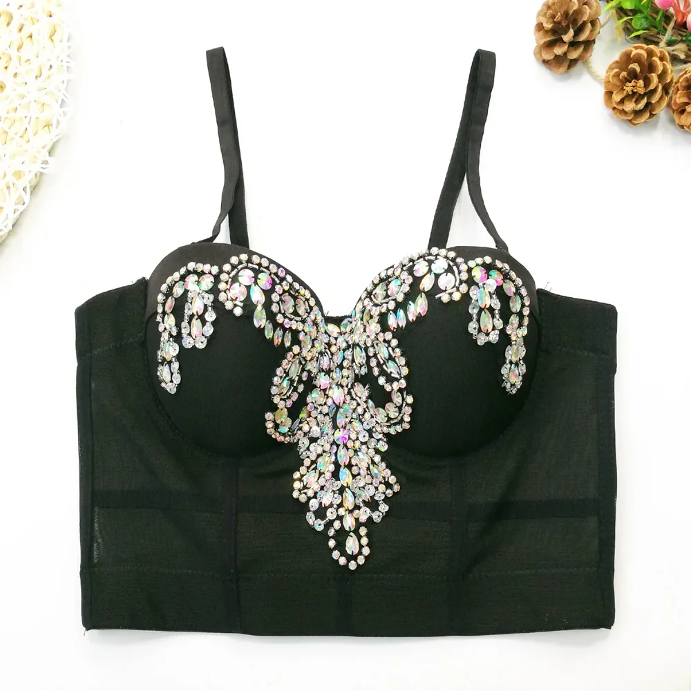 Shiny Rhinestone Fishbone Crop Top for Women Mesh Brasieres Para Mujer Adjustable Strap Bra Push Up Bralette Corset One-pieces