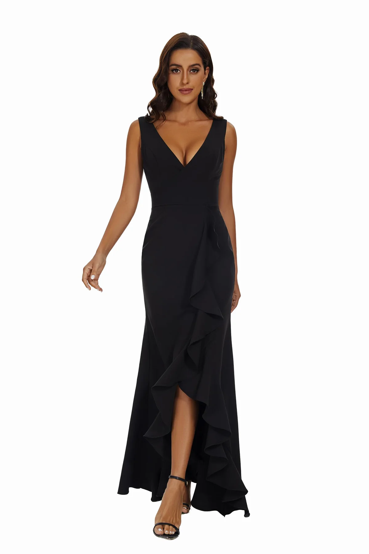 Elegant Black Cocktail Gowns V Neck Chiffon Floor-Length Dresses Sleeveless Ruffle  Formal Evening Dresses for Women