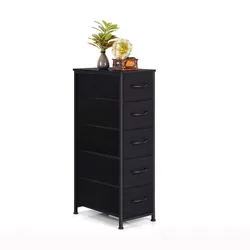 Narrow 5-Drawer Dresser with Storage Cabinet, Slim Rolling Fabric Tower, and Wood Shelf – Stylish Space-Saving Bedroom Organizer