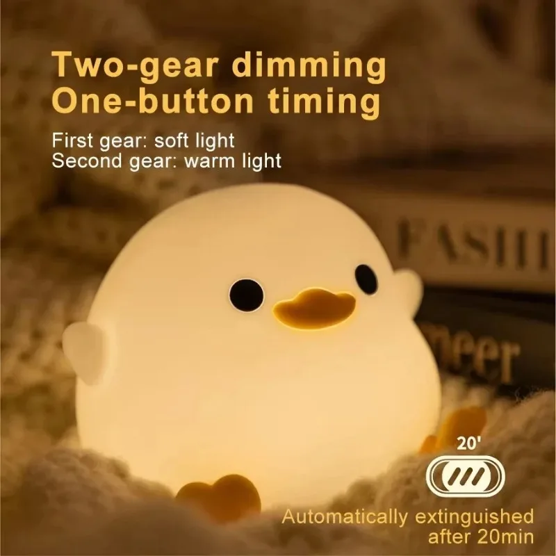 Cute Duck Night Light - LED Cartoon Animal Silicone Lamp for Kids - Touch Sensor, Timer & USB Rechargeable - Children's Room Dec