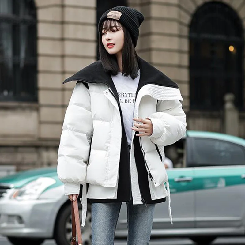 

Spring and Autumn Winter Solid Color Korean Big Collar Long Sleeve Short White Duck Down Jacket Coat for Women