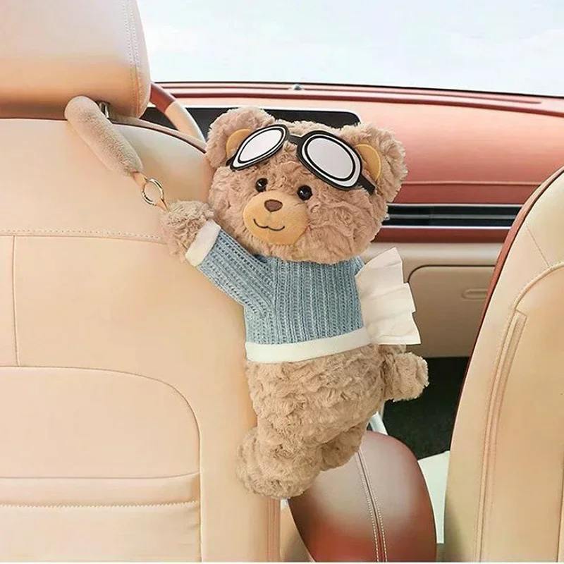 Adorable oso de peluche suave, soporte para pañuelos de coche y cubo de basura, caja de reposabrazos innovadora 2 en 1, caja de cartón para Interior del vehículo