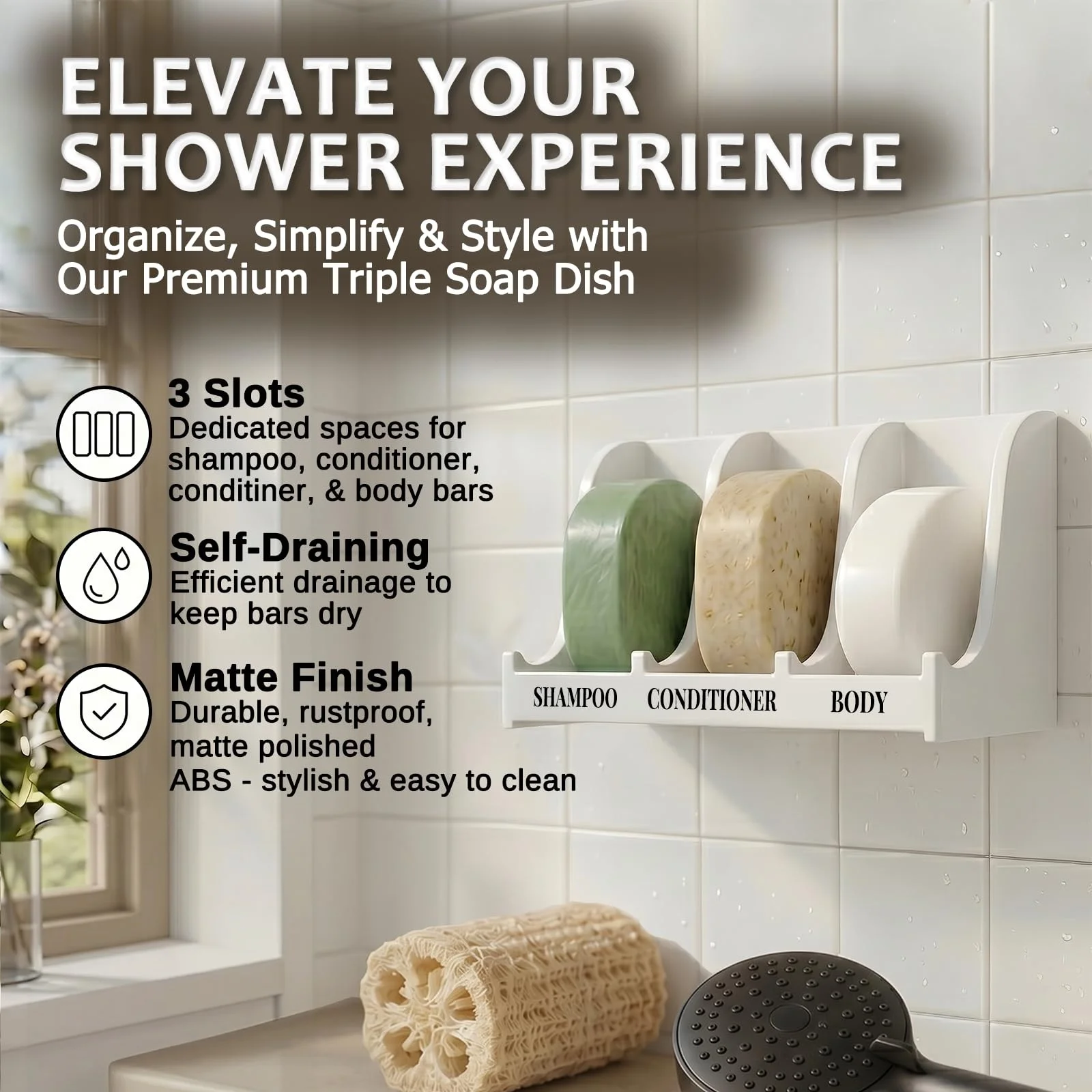Soap Holder for Shower Wall, 3-Compartment Soap Dish,Fast Draining, Strong Adhesive for Long-Term Bathroom Use & Freestanding