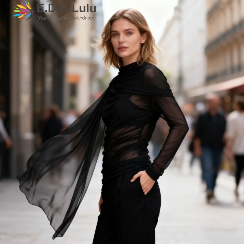 EDGLuLu Sexy Spicy Girl Style Solid Color T-Shirt 2025 New See Through The Mesh Design Irregular Shawl Long Sleeved Top 1205