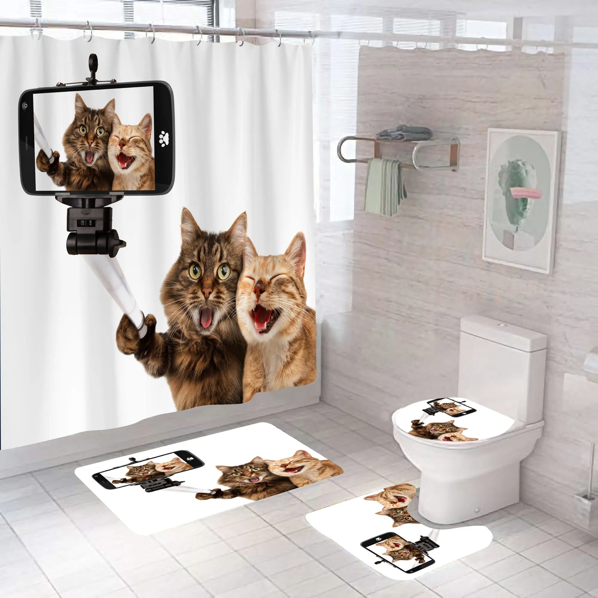 Cartoon Katze Duschvorhang Set Tier Schwarz Wasserdicht Bad Wc Deckel Sitzbezug Bad Rutschfeste Matte Teppich Badezimmer Decot Abdeckung – Detail 11