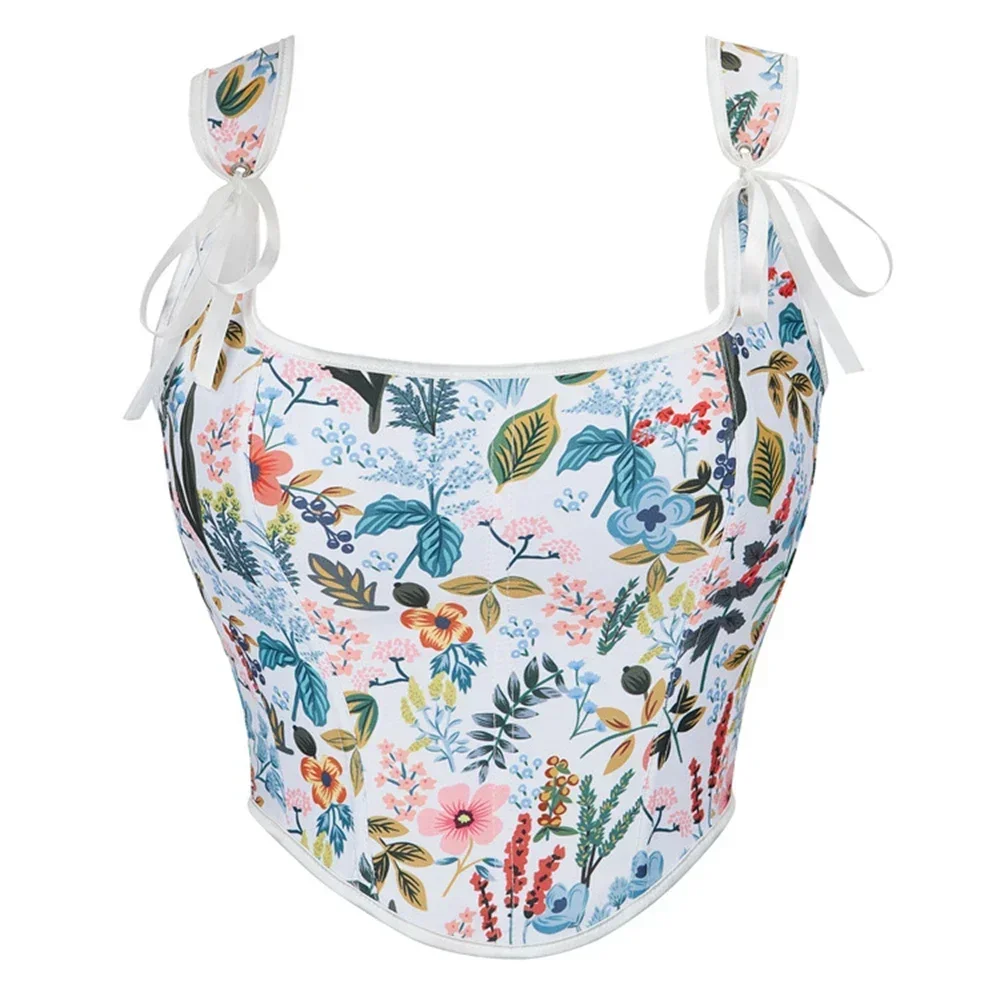 Women Elegant Boned Overbust Corset Crop Tops Vintage Flower Print Lace Up Bodice Slimming Shaper Shoulder Strap Bustier Vest