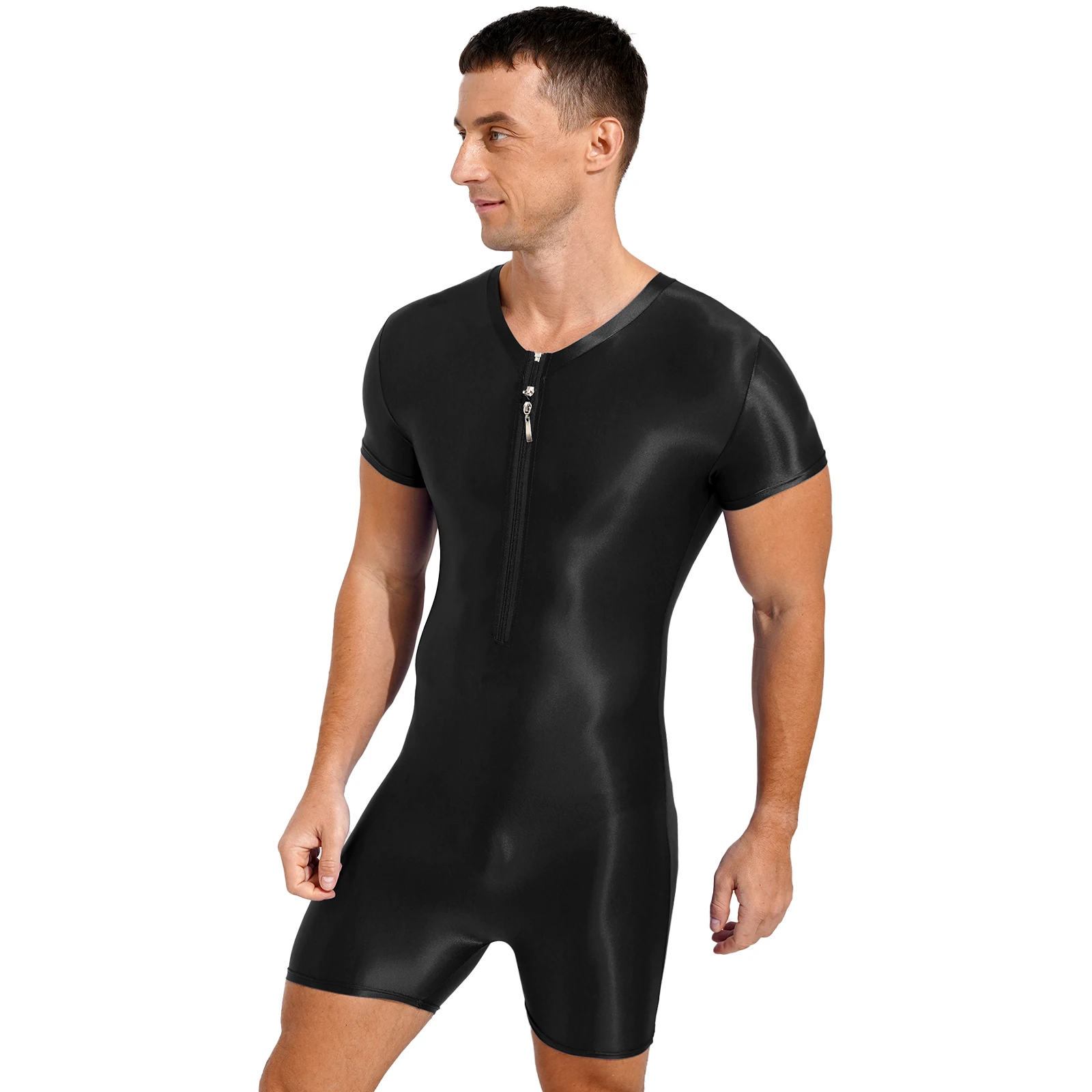 Mens Swimsuit One-Piece Swimwear Glossy Zipper Bodysuit Stretchy Round Neck Fitness Short Sleeve Swimming Jumpsuit Leotards