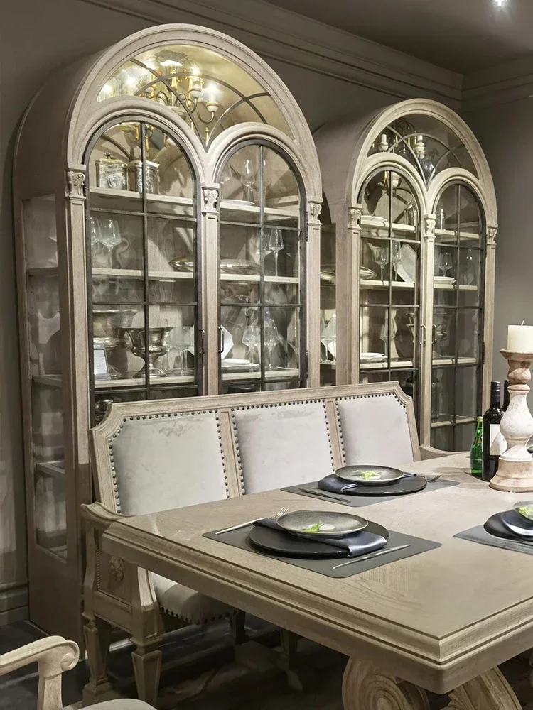 Fuxing arched wine cabinet French solid wood retro old semi-circular glass door high-end side cabinet