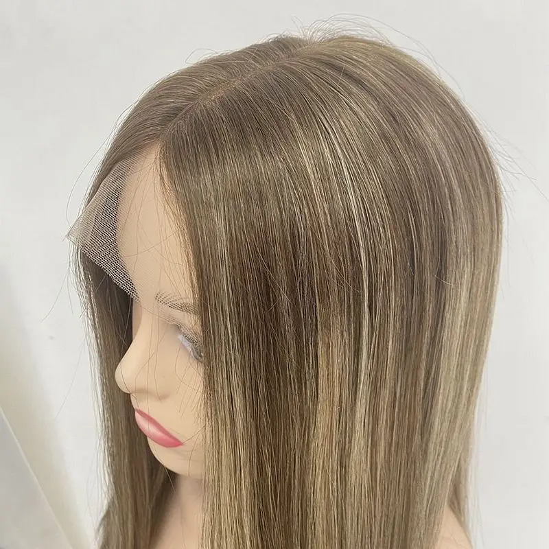 European Human Hair Wig HD Swiss Lace Top For White Women Brown color With Highlights Long Straight Style Super Small Layer