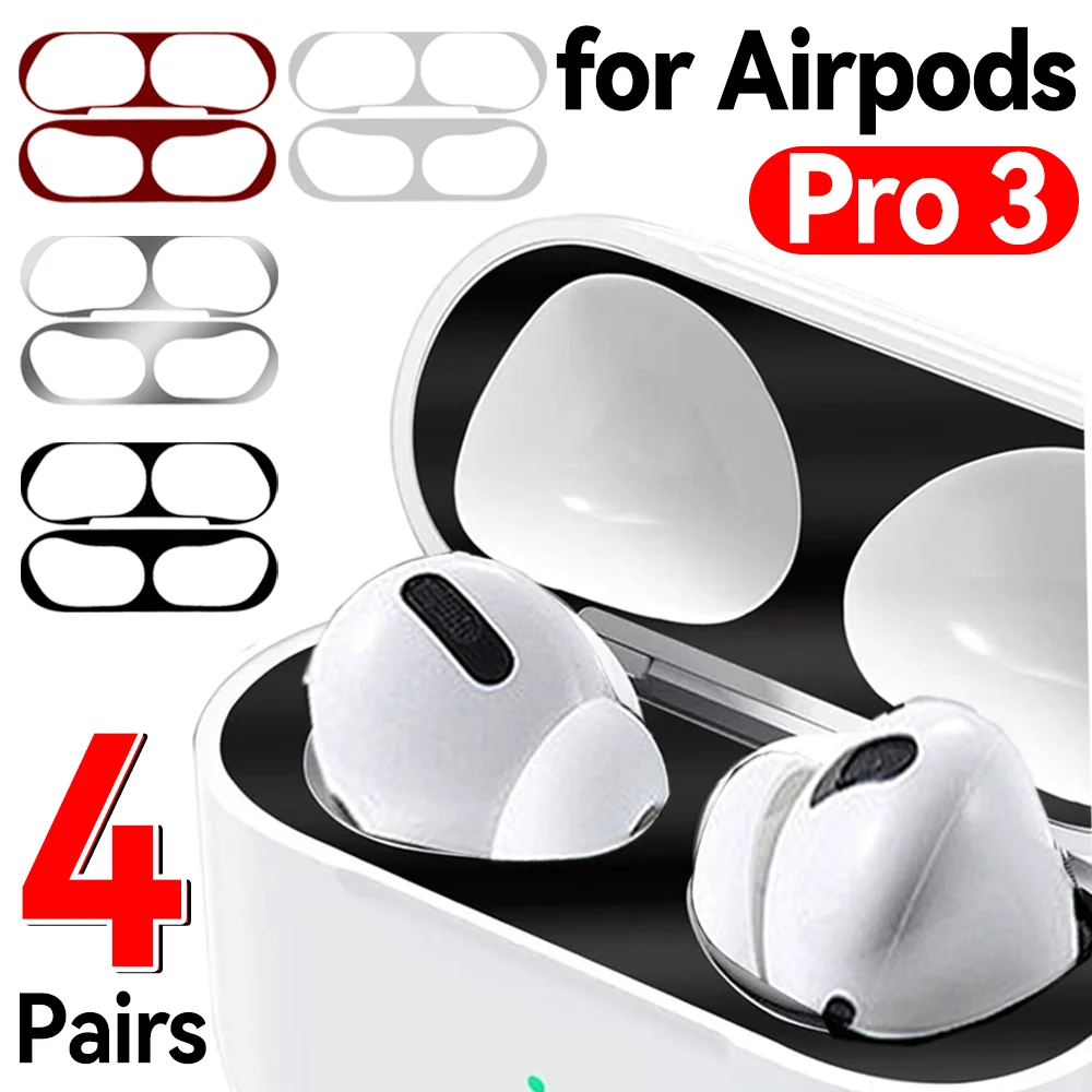 4-1pairs for Apple AirPods Pro 3 Metal Dust Guard Sticker Dust Cover Protective Anti-scratch Earbuds Film Headphone Box Stickers