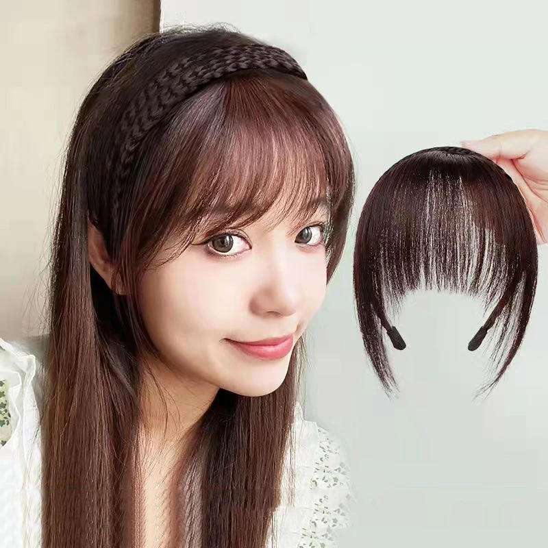 

Synthetic Fake Bangs Hair Neat Fringe Bands with Double Row Braids Headband Heat Resistant Bangs In Hair Extensions Hairpieces