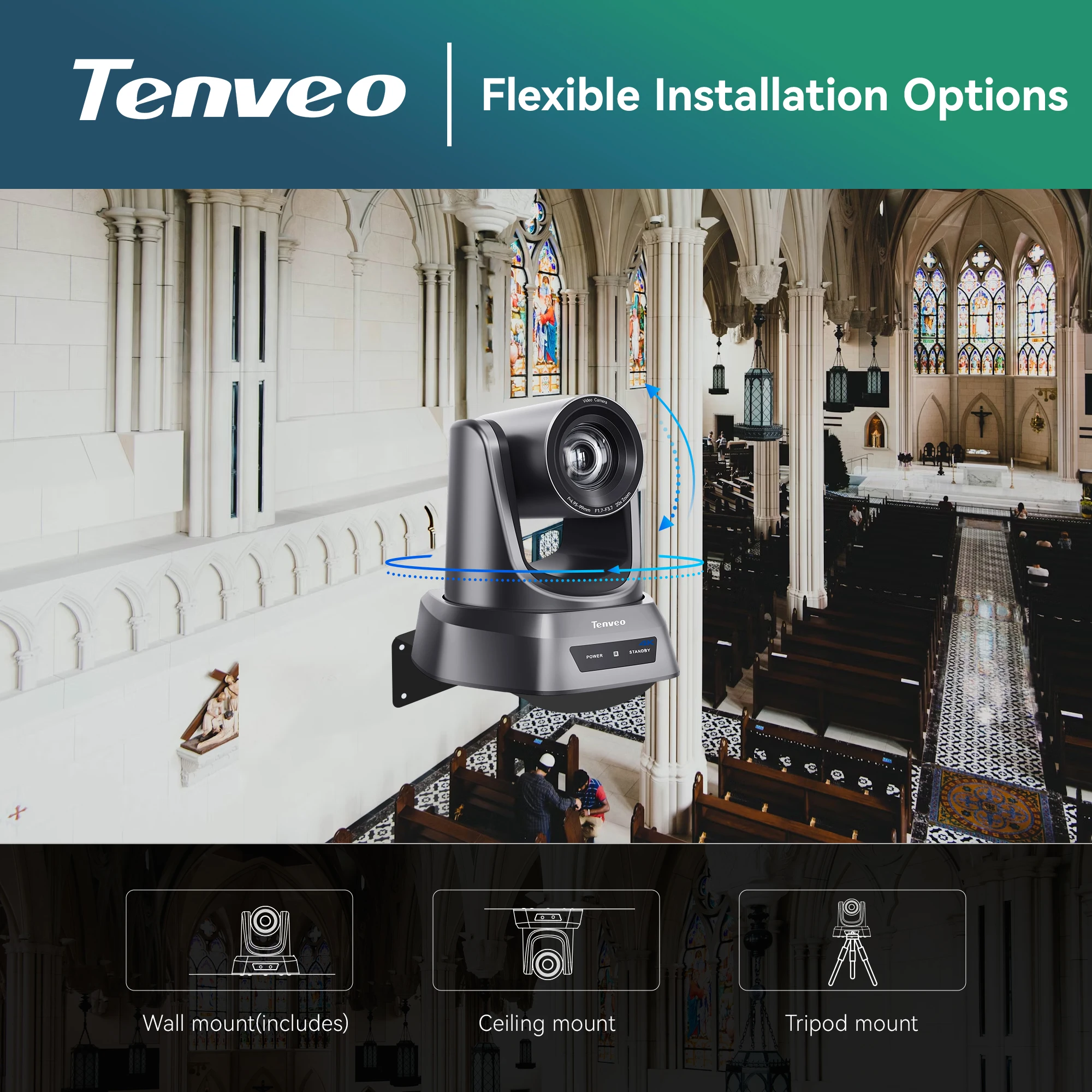 TENVEO NDI PTZ Camera 4K 60FPS 12X Optical Zoom Video Conference System AI Auto-Tracking USB3.0 for Meeting Conference Room view 5