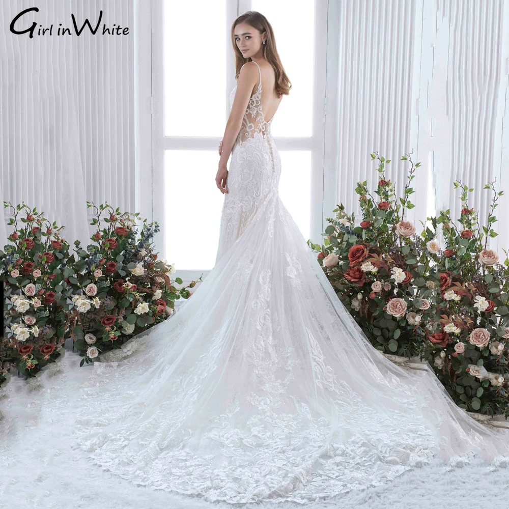 Luxo rendas apliques sereia vestido de casamento robe de mariée sem costas sexy cintas de espaguete romântico vestido de noiva vestidos de novia