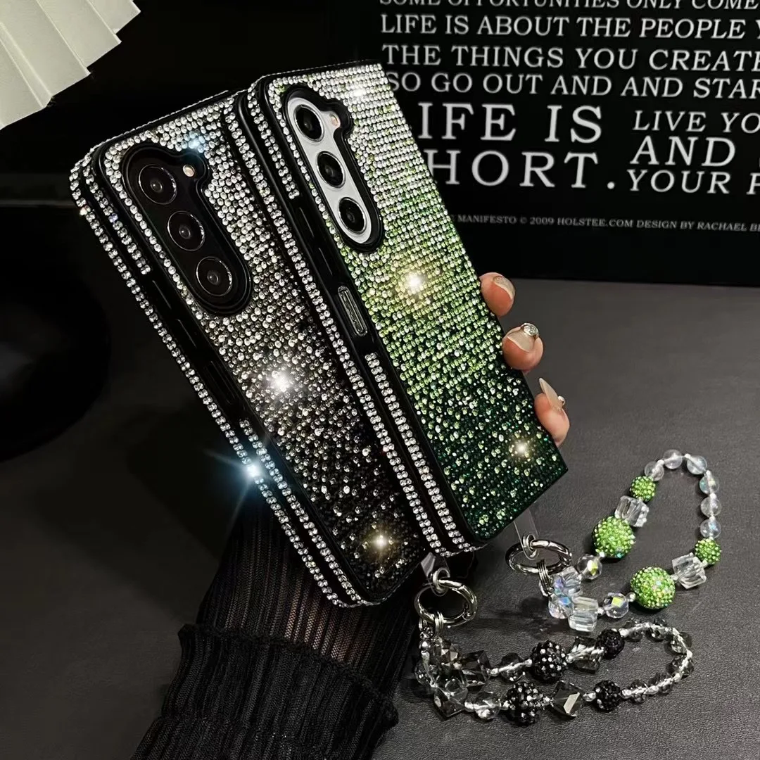 

Bling Gradient Full Diamond Case for Samsung Galaxy Z Fold 6 Z Fold 5 Z Fold 4 Z Fold3 Woman Shiny Gem Bracelet Protective Cover