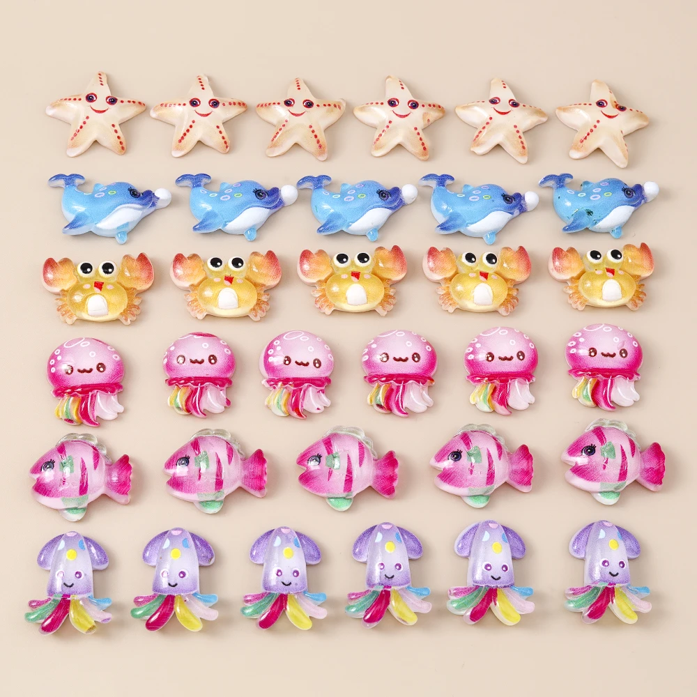Leslie 15 Stücke Neue Nette Charms Harz Seestern Fisch Krabbe Wal Tintenfisch Flache Rückseite Cabochon Für DIY Telefon Fall Nail art Zubehör – Detail 5