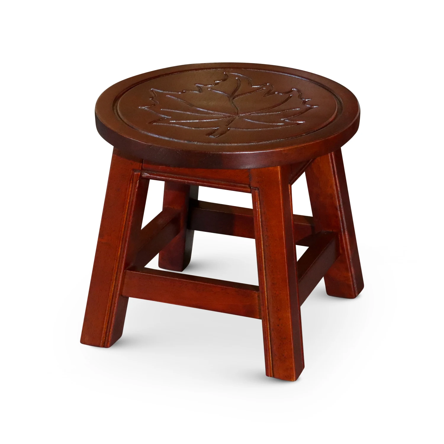 Carved Wooden Step Stool, Maple Leaf, Cherry