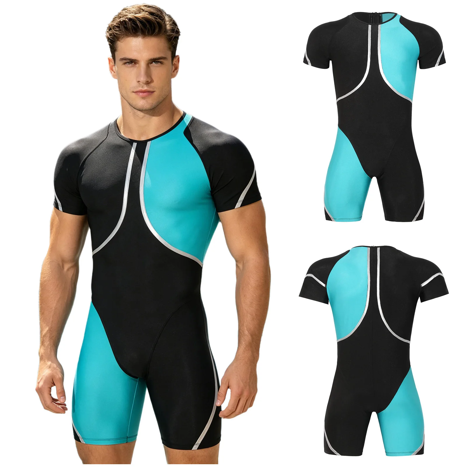 Men One-piece Swimsuit Rash Guard Wetsuit Short Sleeve Zipper Bodysuit Swimwear Surfing Diving Beach Pool Bathing Suit Beachwear