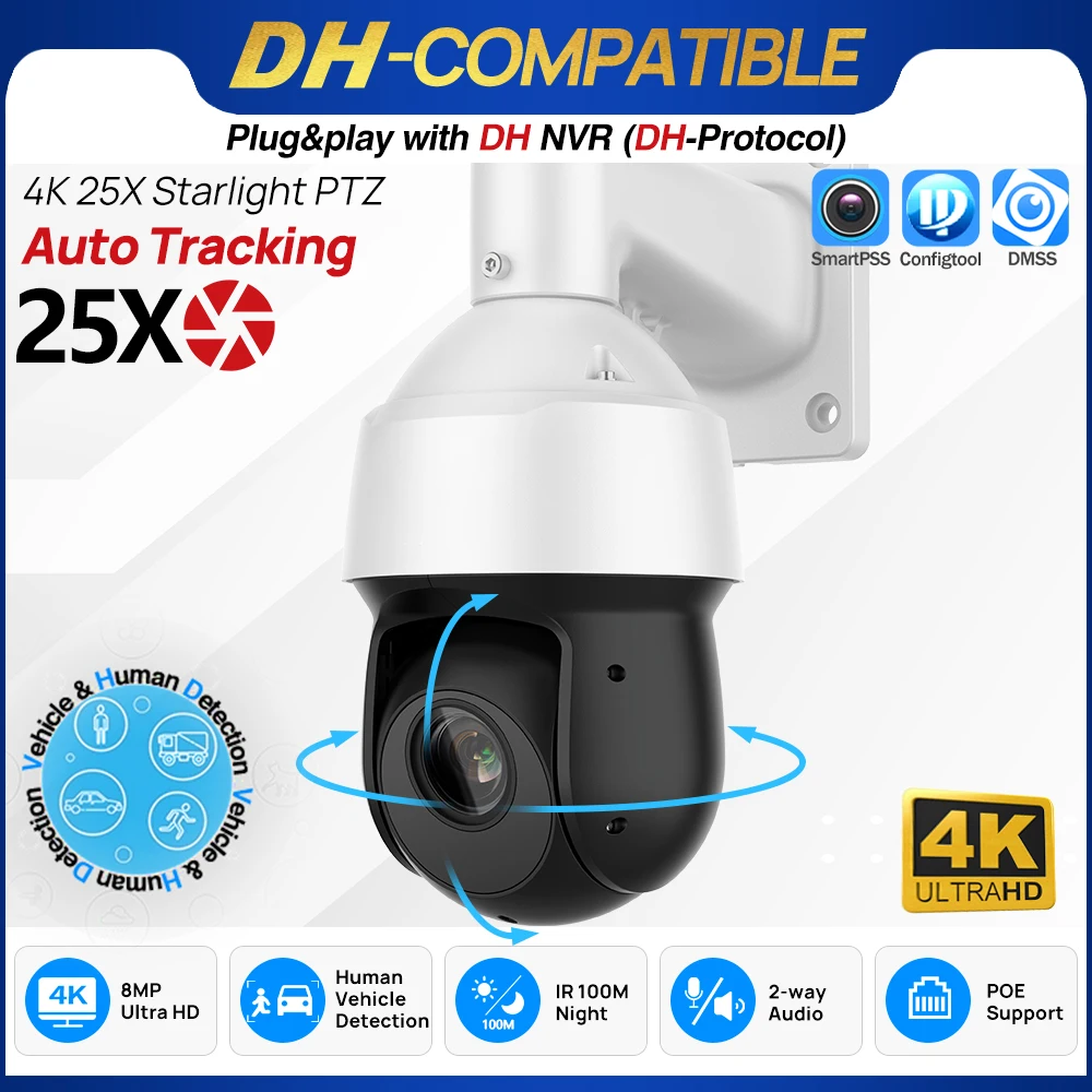  8MP 25X Starlight IR WizSense PTZ Camera  Auto-Tracking Security Face Detection 100M Distance