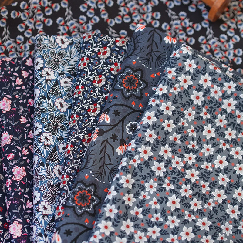 Morris Fabric Dark Colored Flowers Cotton Digital Printing for Sewing Clothes Bags DIY Handmade by Half Meter