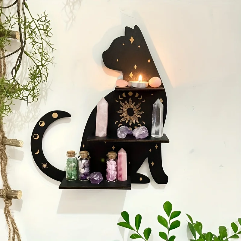 1 cute black cat ledge, decorative crystal ledge, wall mounted display stand for living room bedroom decoration, home decoration