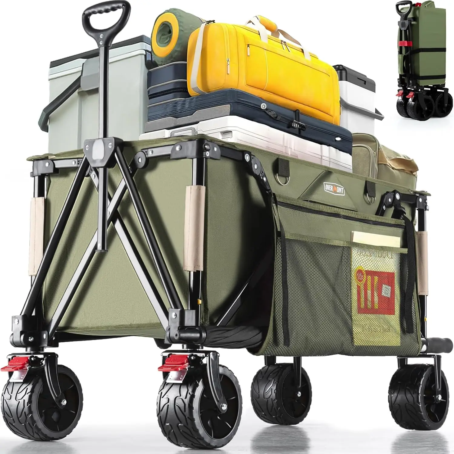 Wagon Cart with Wheels - All-Terrain 3.2in Wide Wheels - Foldable 150L Large Capacity with Side Pockets