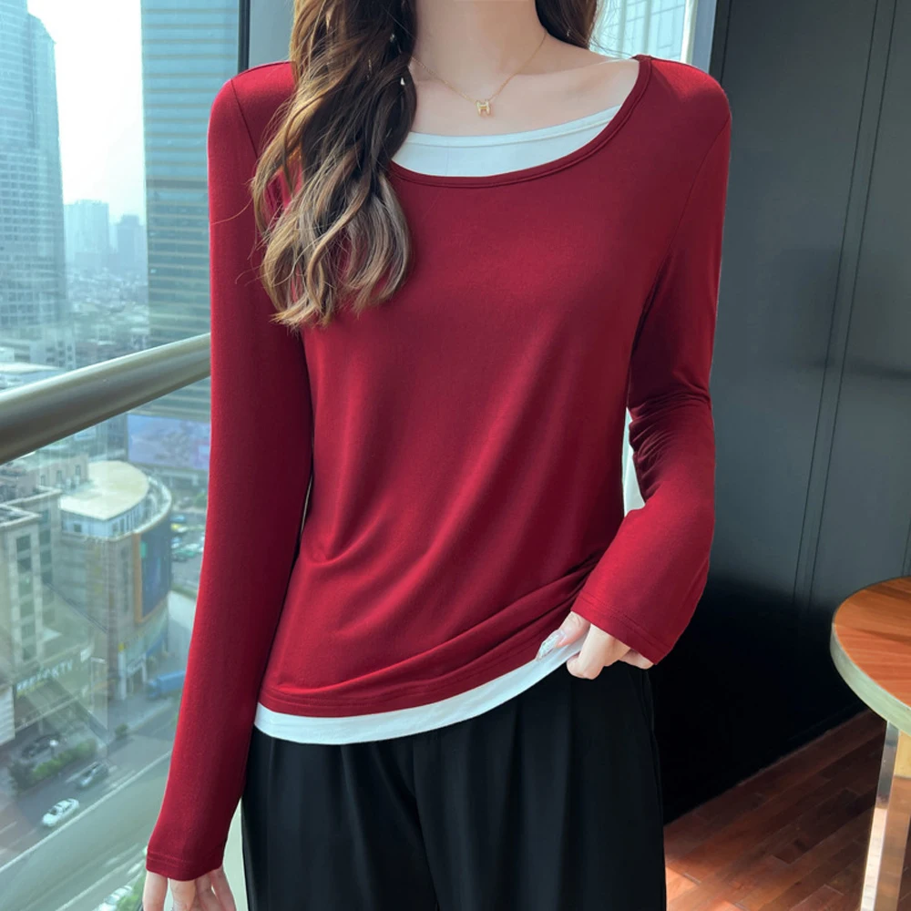 

Korean style wine red fake two piece long sleeved T-shirt for women's spring and autumn new high-end fashion plus size casual to