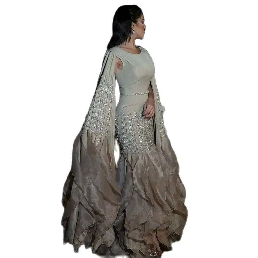 Unique Beading Prom Dresses Luxury Wedding Party Dresses Mermaid Cape Sleeves Round Neck Evening Gowns 2024 Tiered Ruffle Skirt